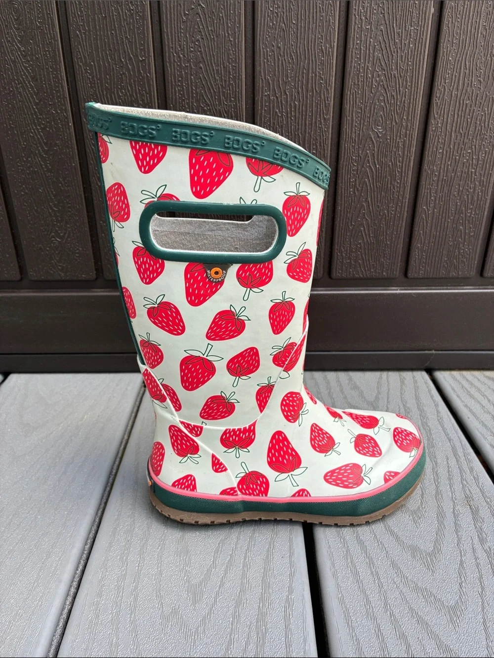 BOGS Kids Rain Boots Strawberry Print White Red Green Size 12